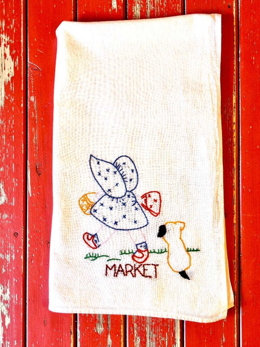 Vintage Embroidered Flour Sack Sunbonnet Sue Puppy MARKET Kitchen Tea Towel